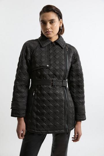 Black Diamond Quilted Belted Short Puffer Trench Jacket