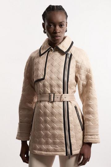 Diamond Quilted Belted Short Puffer Trench Jacket ivory