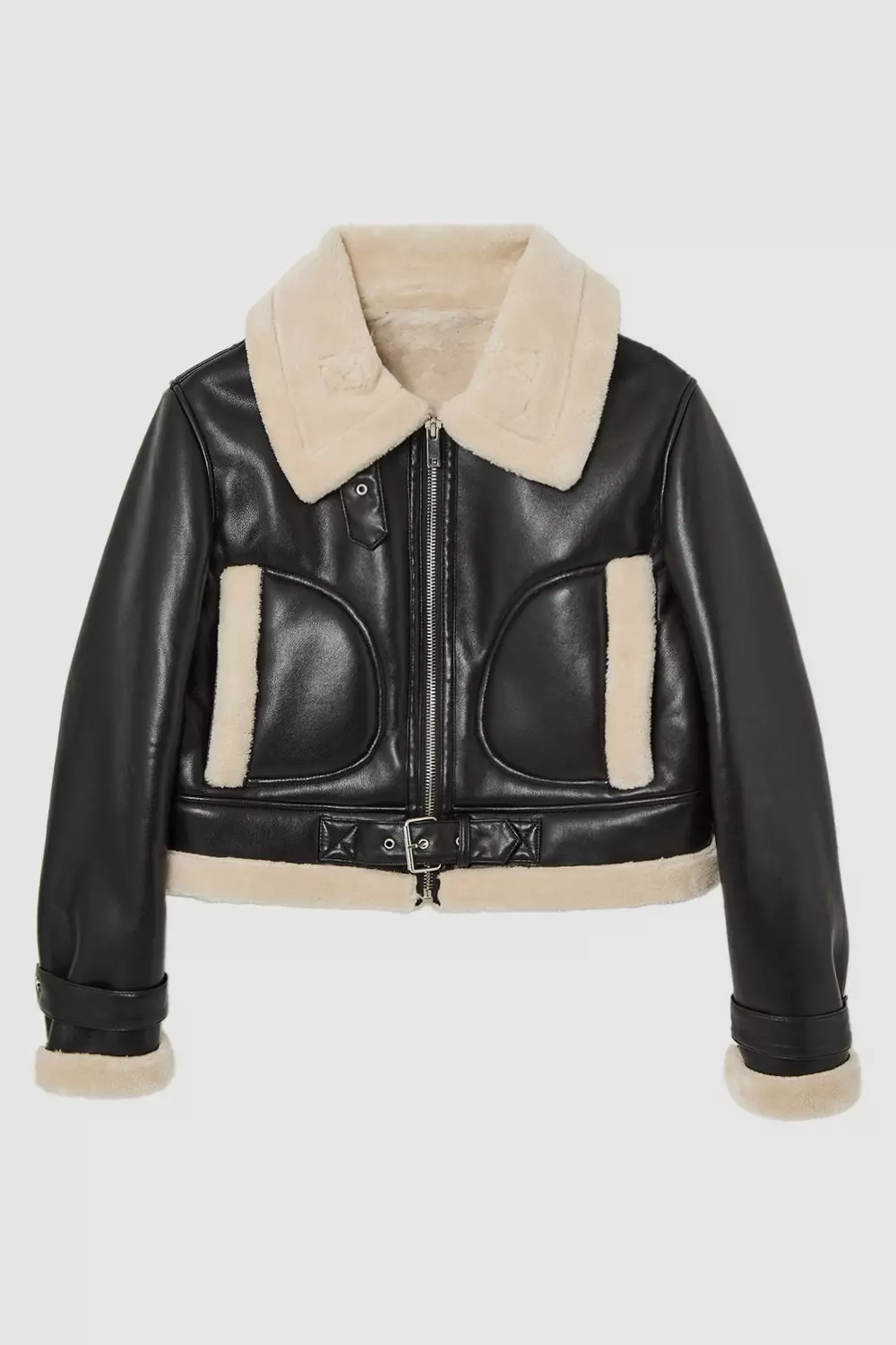 Faux Shearling Faux Leather Contrast Crop Aviator Jacket Karen Millen