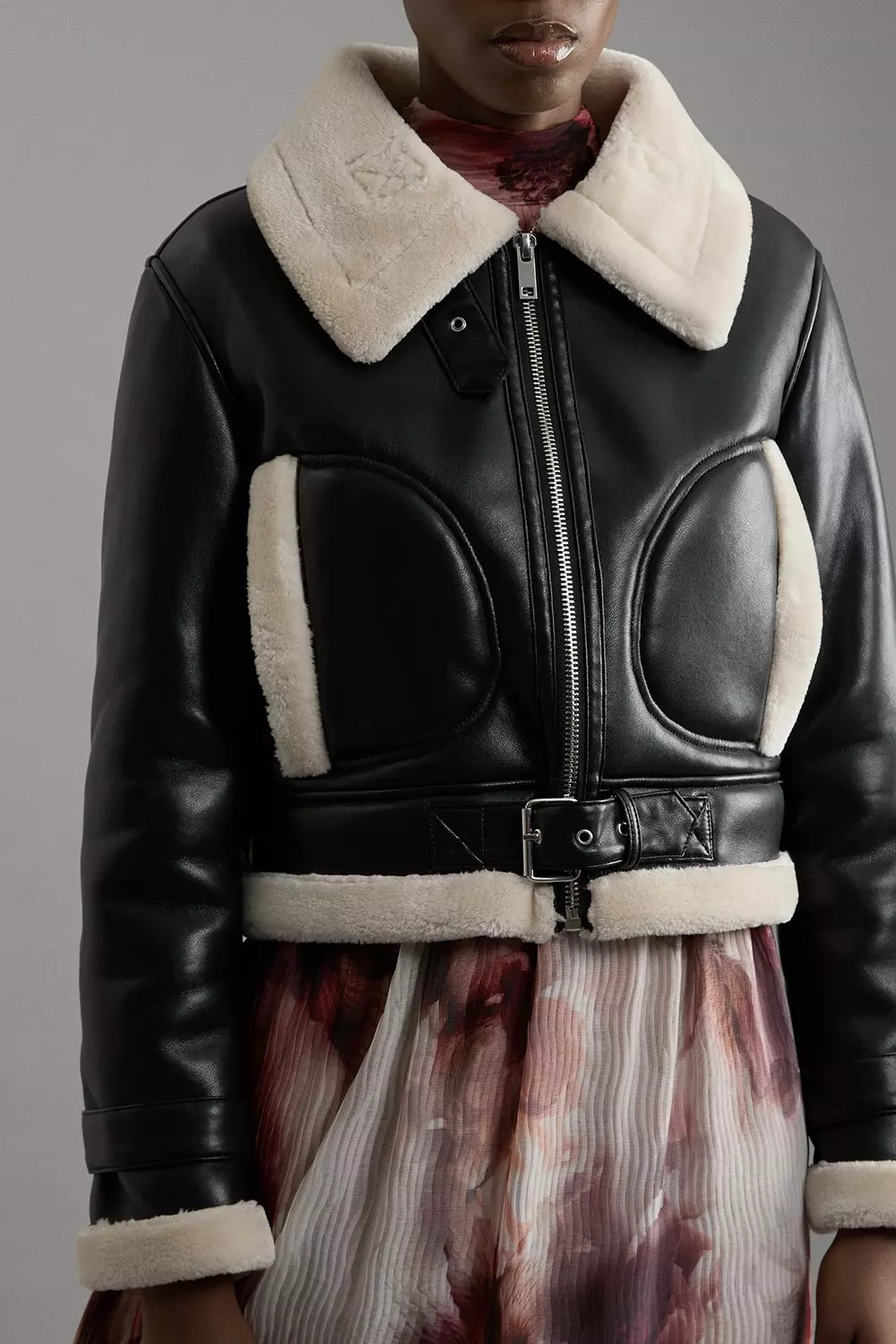 Faux Shearling & Faux Leather Contrast Crop Aviator Jacket