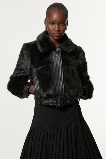 Black Petite Faux Fur Pu Panelled Belted Cropped Jacket