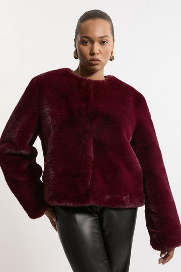 Plus Size Collarless Faux Fur Jacket berry