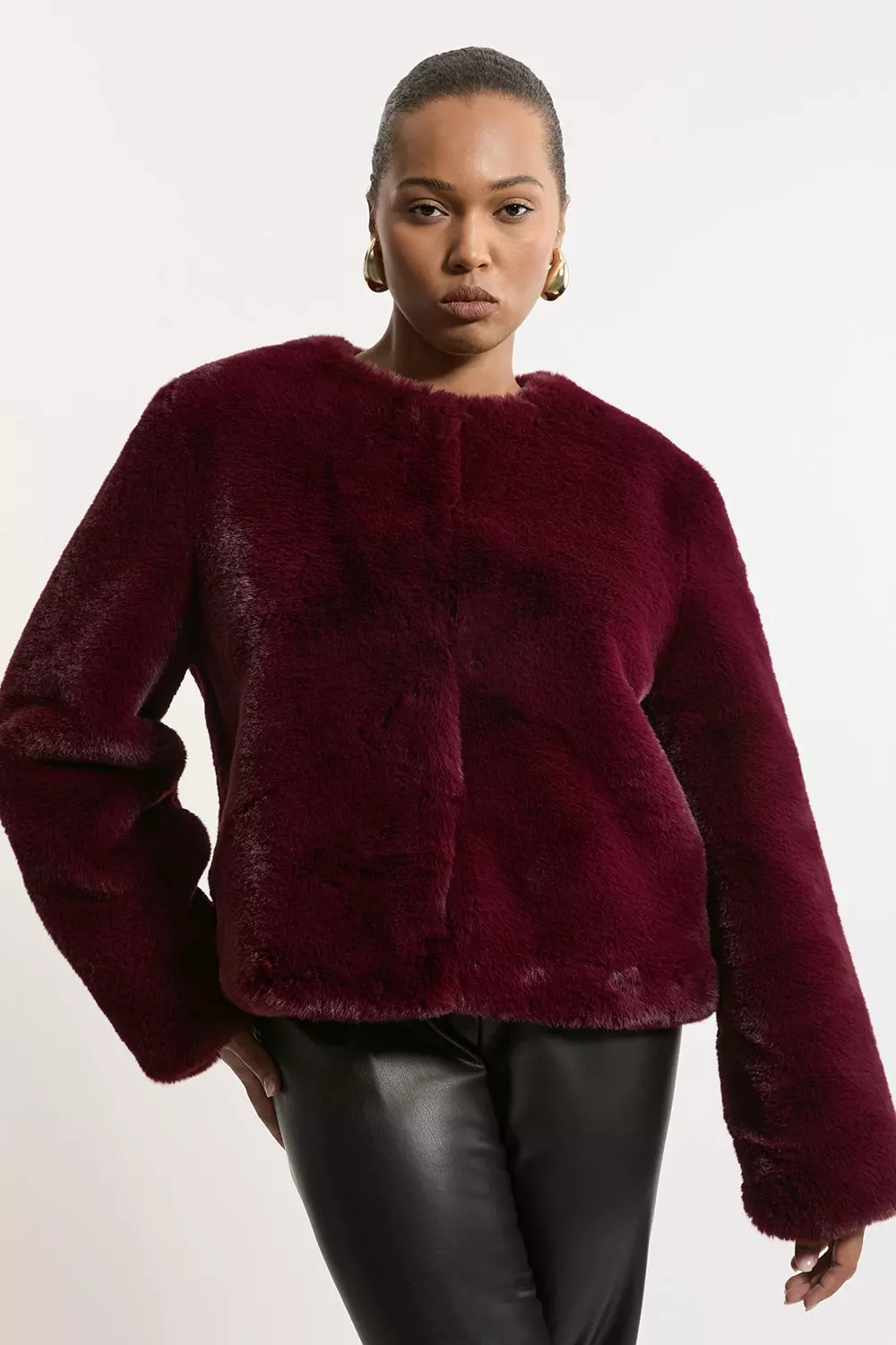 【Karen Millen】 Collarless Faux Fur Jacket ファージャケット bkk19093_berry_xl?$