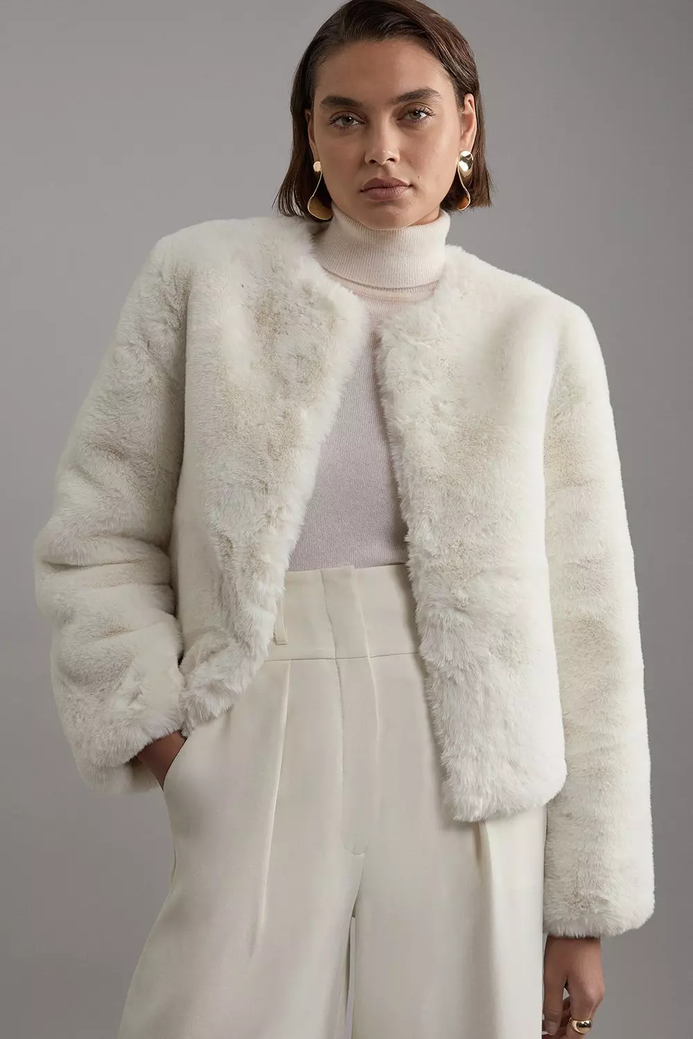 Petite Collarless Faux Fur Jacket Karen Millen