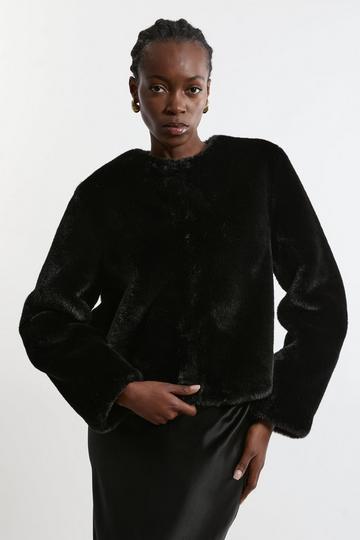 Black Collarless Faux Fur Jacket