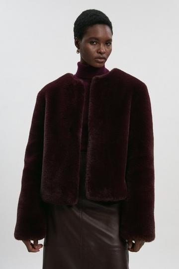 Collarless Faux Fur Jacket chocolate