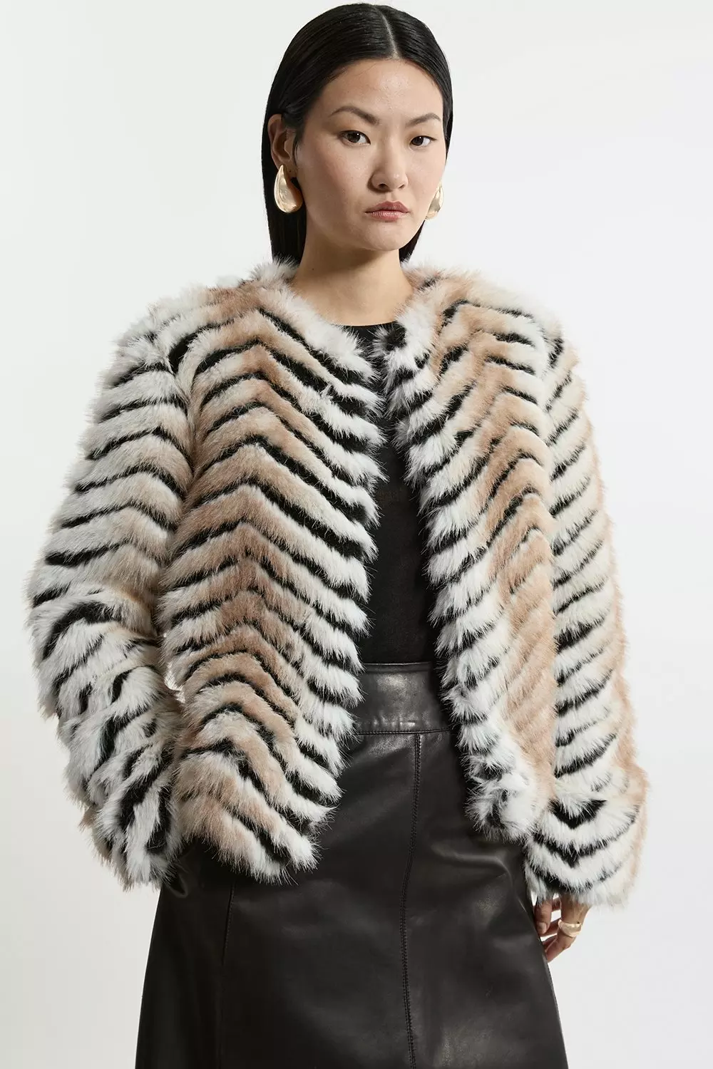 Pattern Faux Fur Collarless Jacket Karen Millen