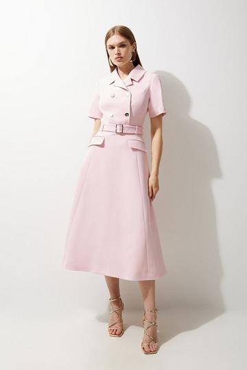 Pink Petite Structured Crepe Full Skirted Midaxi Tailored Shirt Dress