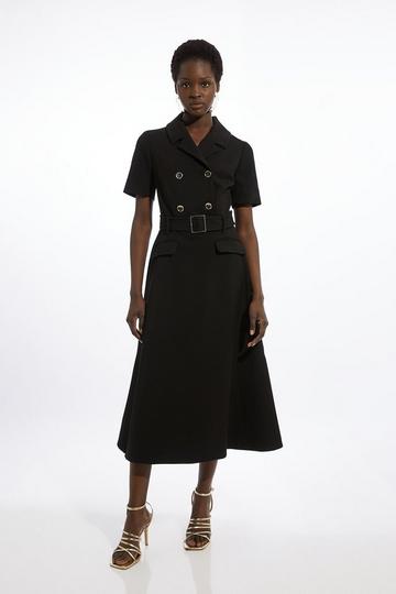 Black Structured Crepe Full Skirted Midaxi Tailored Shirt Dress