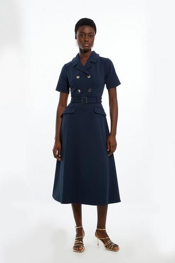 Navy Structured Crepe Full Skirted Midaxi Tailored Shirt Dress