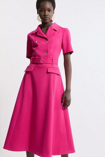 Pink Structured Crepe Full Skirted Midaxi Tailored Shirt Dress