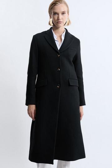 Black Italian Wool Blend Single Breasted Tailored Midi Coat