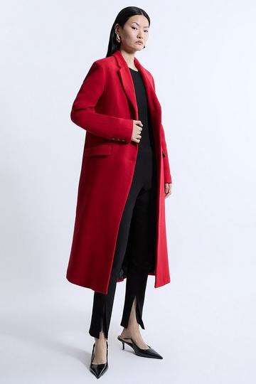 Red Italian Wool Blend Single Breasted Tailored Midi Coat