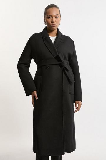 Black Plus Size Italian Manteco Wool Blend Wrap Belted Tailored Midi Coat