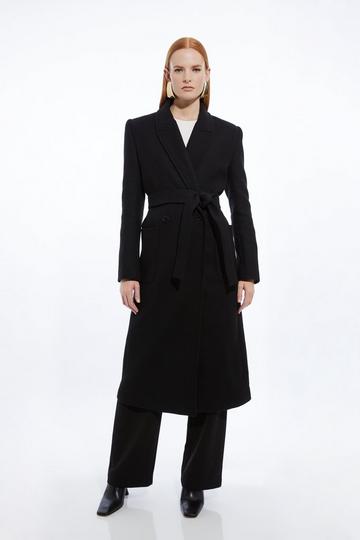 Petite Italian Manteco Wool Blend Wrap Belted Tailored Midi Coat black