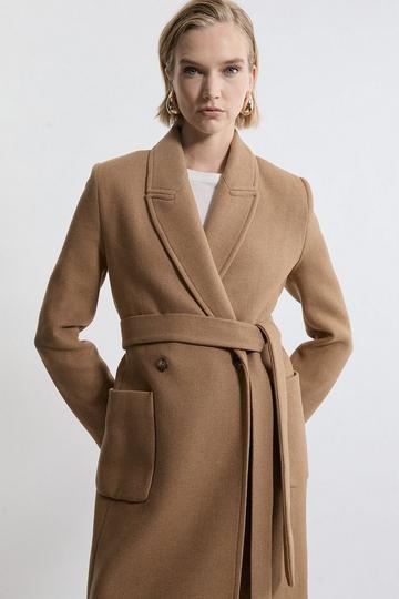 Petite Italian Manteco Wool Blend Wrap Belted Tailored Midi Coat camel