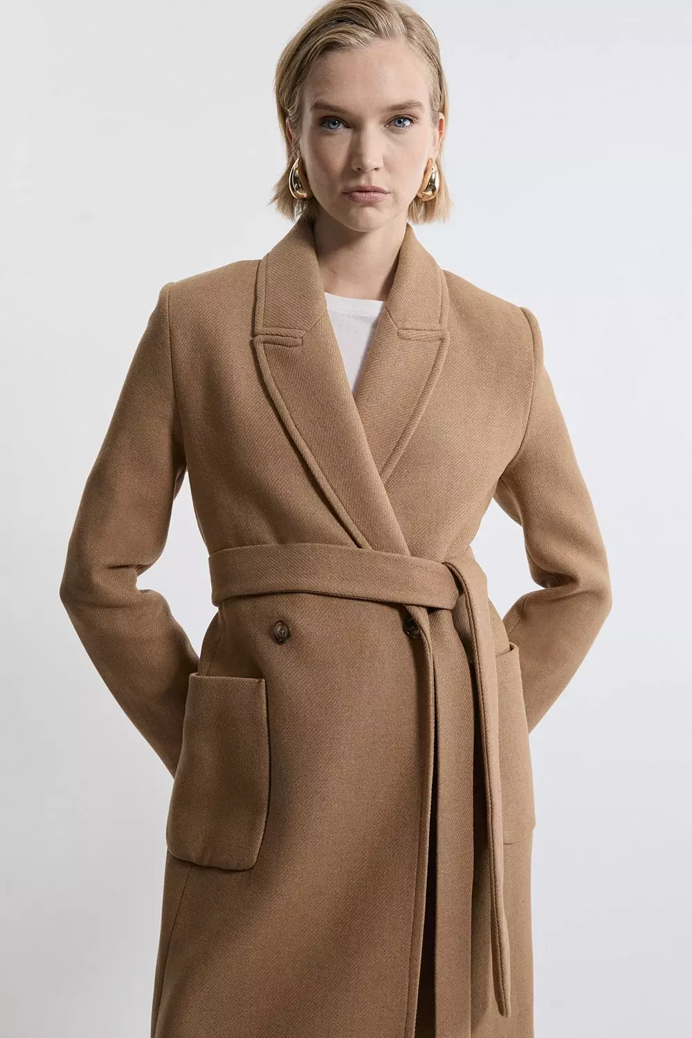 Camel Petite Italian Manteco Wool Blend Wrap Belted Tailored Midi Coat alternative image