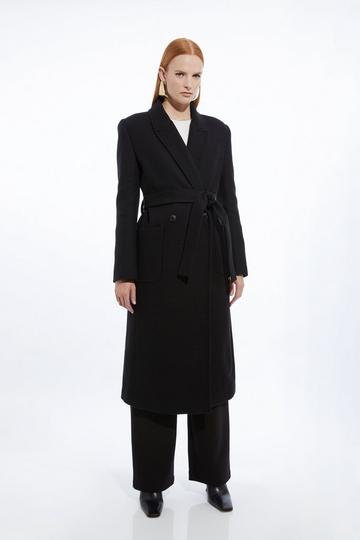 Black Italian Manteco Wool Blend Wrap Belted Tailored Midi Coat