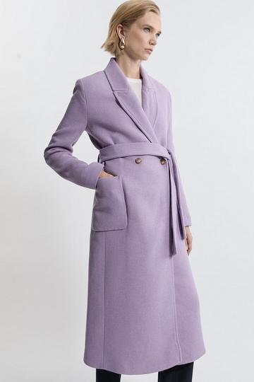 Italian Manteco Wool Blend Wrap Belted Tailored Midi Coat lilac