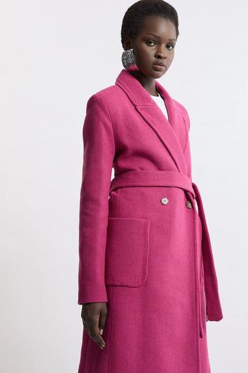 Pink Italian Manteco Wool Blend Wrap Belted Tailored Midi Coat