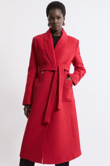 Italian Manteco Wool Blend Wrap Belted Tailored Midi Coat red