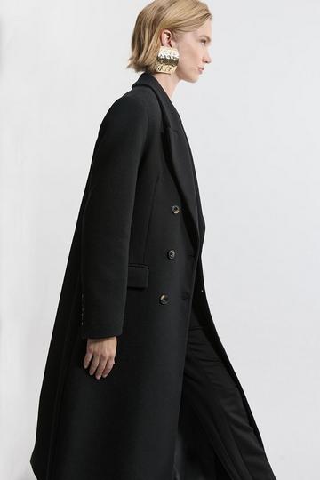 Black Petite Italian Manteco Wool Blend Double Breasted Tailored Midaxi Coat