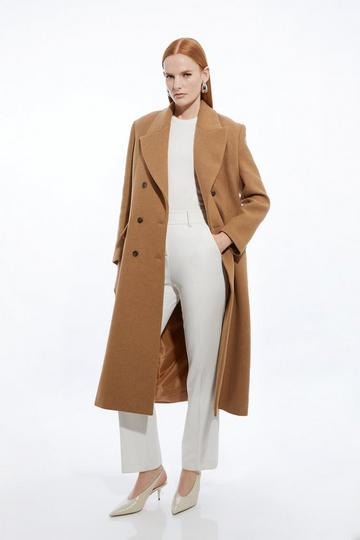Petite Italian Manteco Wool Blend Double Breasted Tailored Midaxi Coat camel
