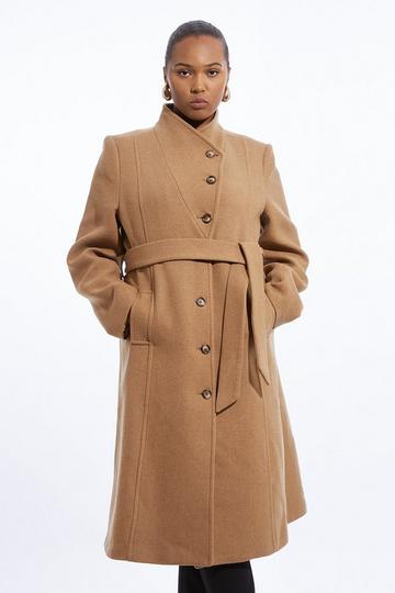 Plus Size Italian Manteco Wool Blend Asymmetric Button Belted Tailored Midi Coat camel