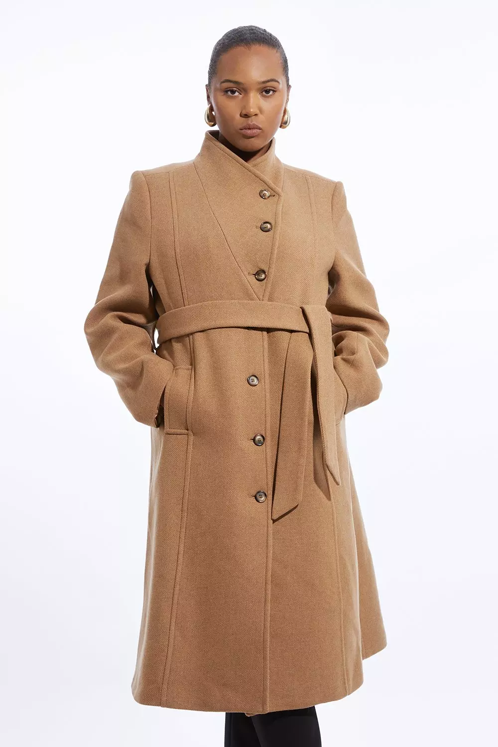 Plus Size Italian Manteco Wool Blend Asymmetric Button Belted Tailored Midi Coat Karen Millen