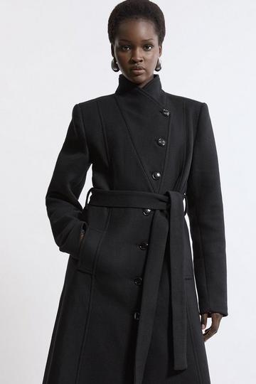 Black Tall Italian Manteco Wool Blend Asymmetric Button Belted Tailored Midi Coat