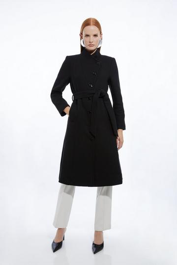 Black Petite Italian Manteco Wool Blend Asymmetric Button Belted Tailored Midi Coat