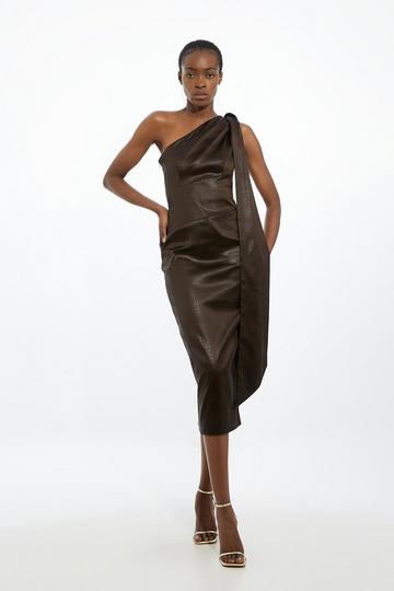 Italian Satin One Shoulder Bow Detail Tailored Midi Dress chocolate