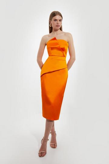 Italian Satin Asymmetric Drape Bandeau Midi Dress tangerine