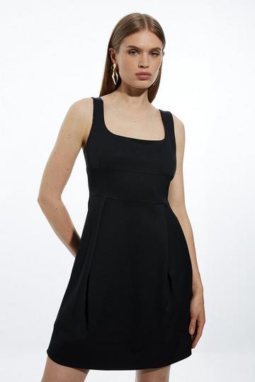 Black Italian Structured Rib Tailored Lantern Mini Dress