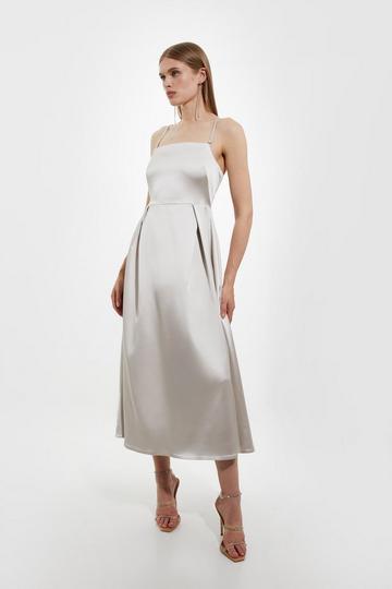 Italian Satin Tailored Full Skirt Midi Dress oyster