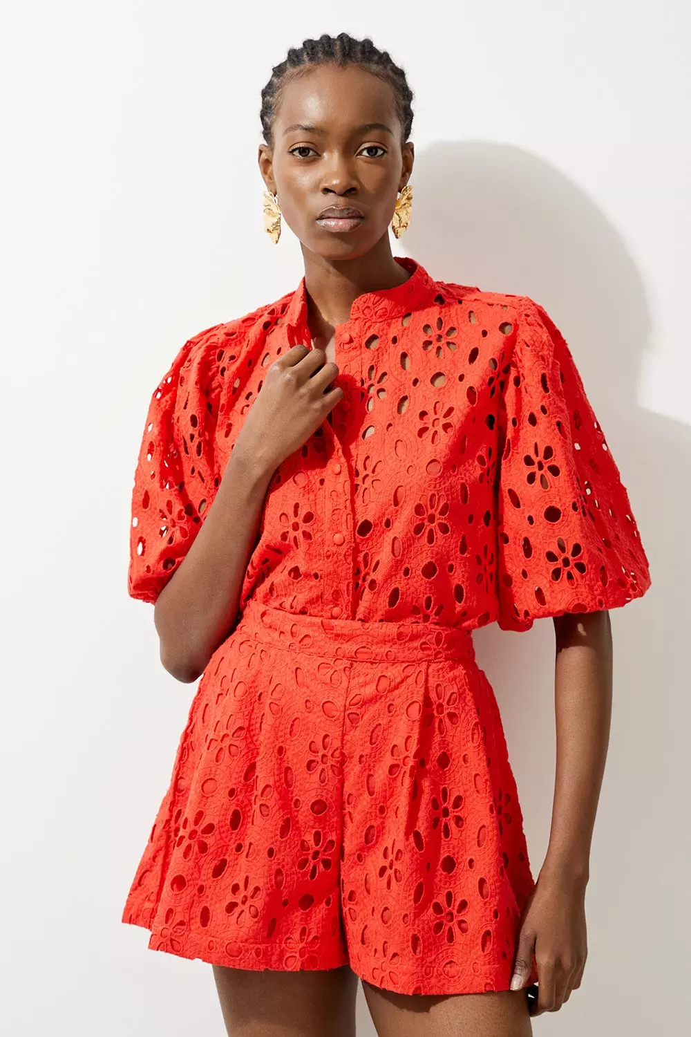 Red Cotton Eyelet Woven Short Sleeve Blouse alternative image