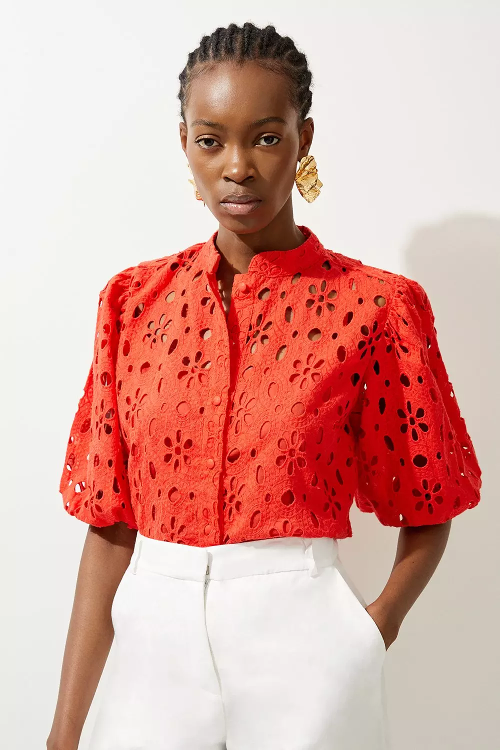 Red Cotton Eyelet Woven Short Sleeve Blouse alternative image