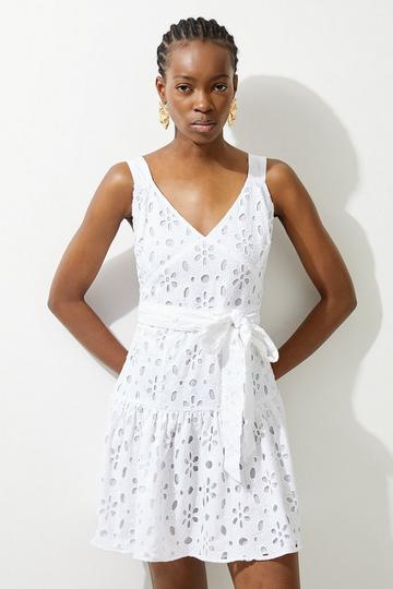 Cotton Broderie Belted Strappy Woven Mini Dress white