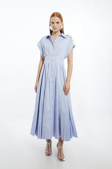 Cotton Poplin Pleat Insert Drama Woven Maxi Shirt Dress blue