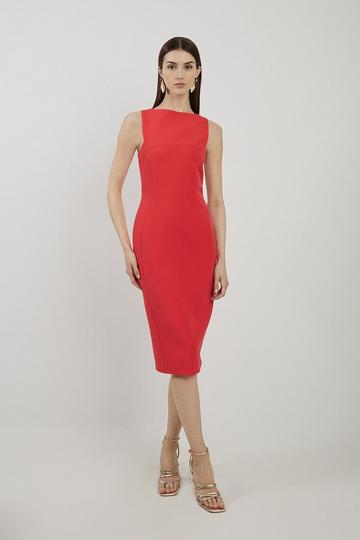 Stretch Crepe Colour Block Panelled Tailored Midi Dress red