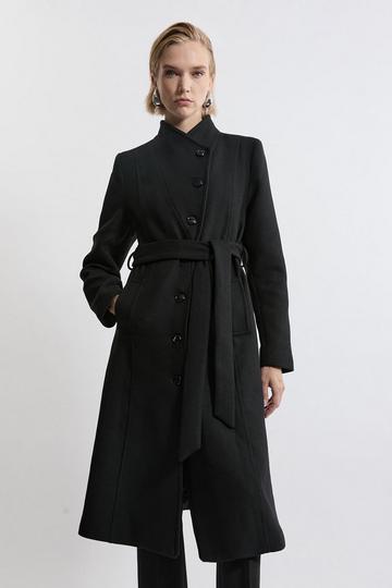 Black Italian Manteco Wool Blend Asymmetric Button Belted Tailored Midi Coat