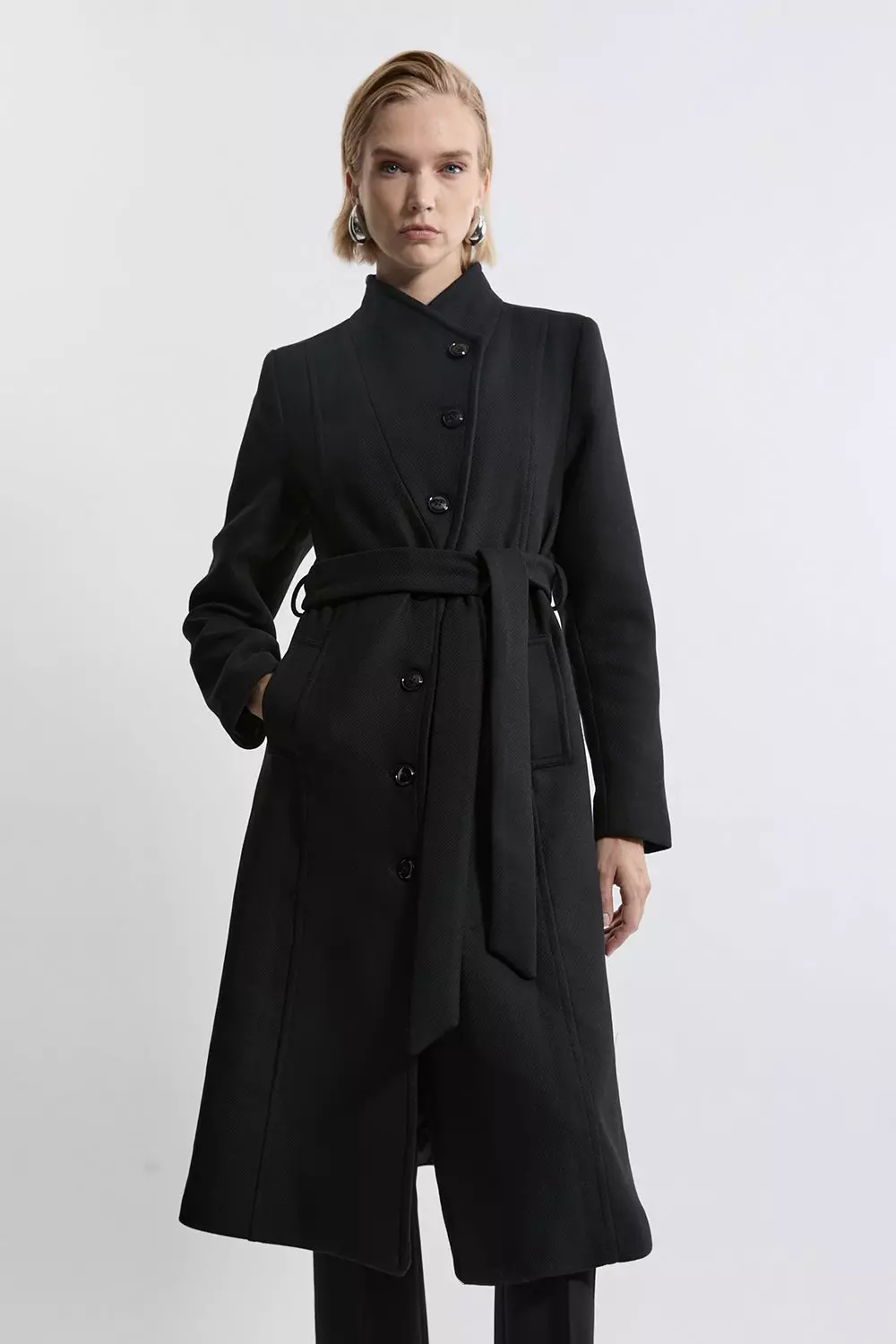 Italian Manteco Wool Blend Asymmetric Button Belted Tailored Midi Coat alternative image
