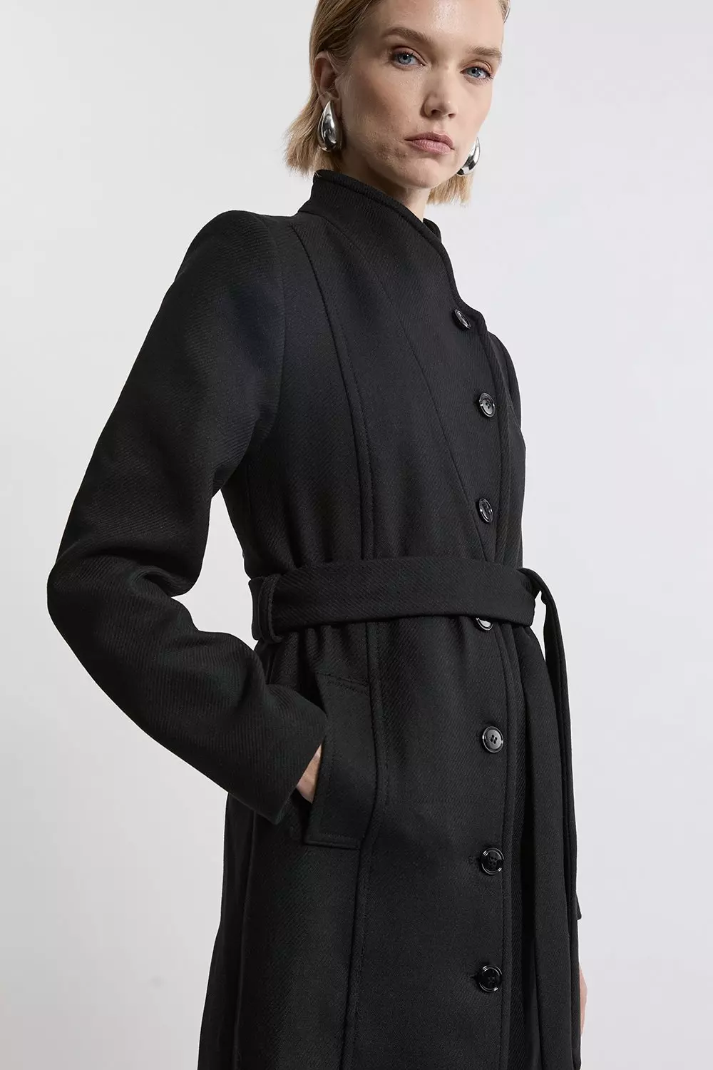 Italian Manteco Wool Blend Asymmetric Button Belted Tailored Midi Coat alternative image