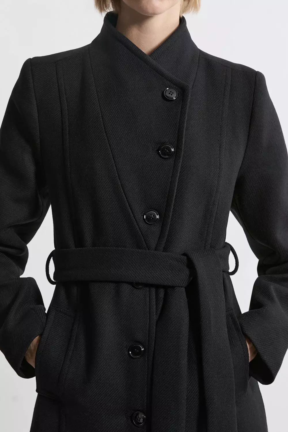 Italian Manteco Wool Blend Asymmetric Button Belted Tailored Midi Coat alternative image