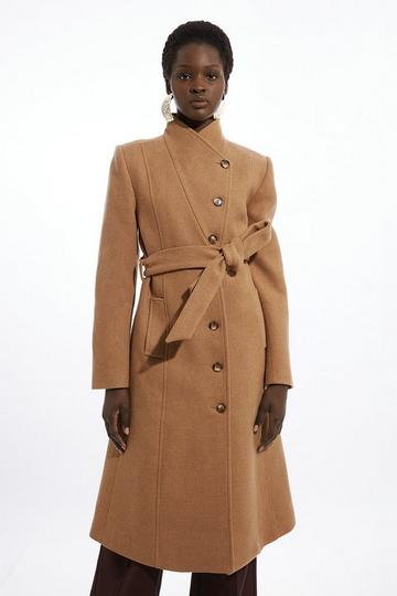 Italian Manteco Wool Blend Asymmetric Button Belted Tailored Midi Coat camel