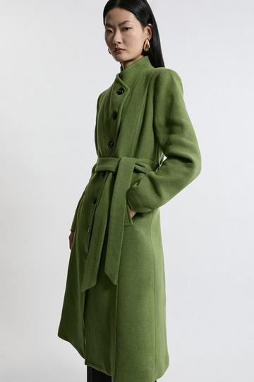 Italian Manteco Wool Blend Asymmetric Button Belted Tailored Midi Coat green