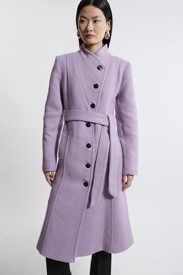 Italian Manteco Wool Blend Asymmetric Button Belted Tailored Midi Coat lilac