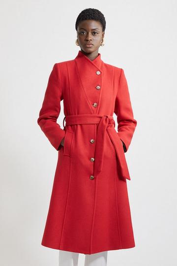 Italian Manteco Wool Blend Asymmetric Button Belted Tailored Midi Coat red