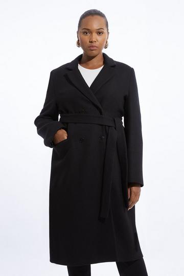 Black Plus Size Italian Manteco Wool Blend Tailored Belted Midi Coat