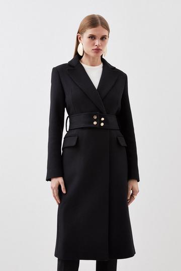 Petite Italian Manteco Wool Blend Tailored Belted Midi Coat black